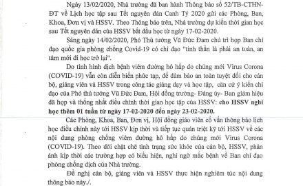 Thông báo điều chỉnh lịch học sau Tết Nguyên đán Canh Tý