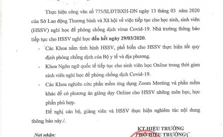 Thông báo V/v tiếp tục cho sinh viên nghỉ học để phòng chống dịch virus Covid-19